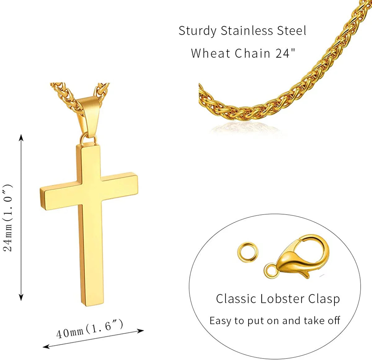 Gold Cross Necklaces for Men Boys Stainless Steel Cross Pendant Chain Catholic Religious Christian Birthday Valentines Day Jewelry Gifts Teen Him Boyfriend Son Dad Adults Male Kids Age Ideas