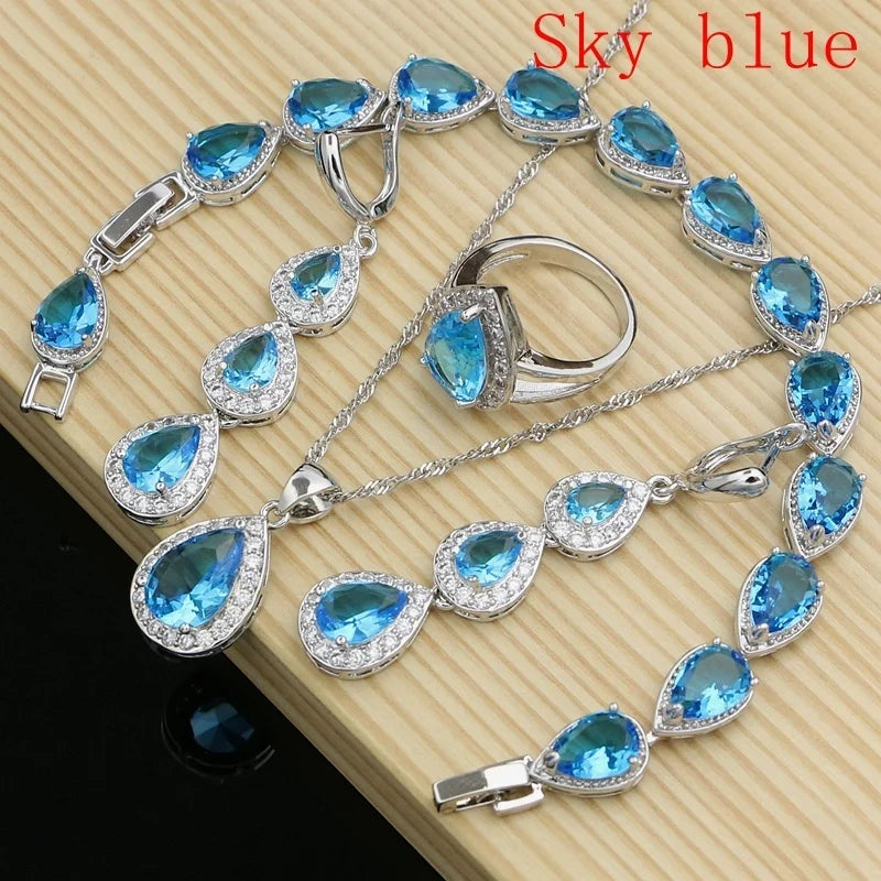 Water Drop Silver 925 Jewelry Red Ruby White Topaz Jewelry Sets Women Long Earrings/Pendant/Necklace/Rings/Bracelet Dropshipping - Gem Color: SKY BLUE, Ring Size: 10