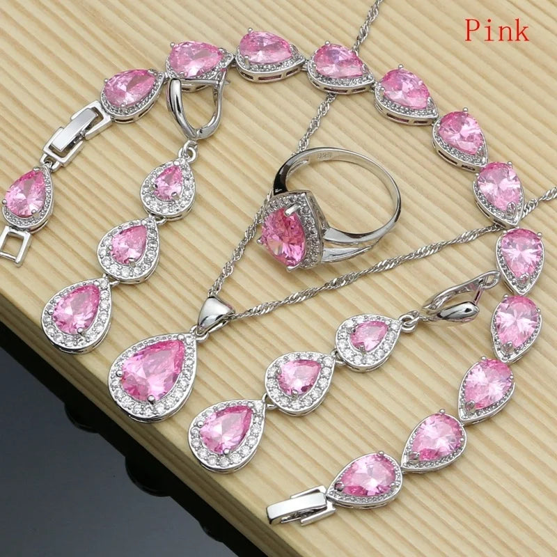 Water Drop Silver 925 Jewelry Red Ruby White Topaz Jewelry Sets Women Long Earrings/Pendant/Necklace/Rings/Bracelet Dropshipping - Gem Color: Pink, Ring Size: 9
