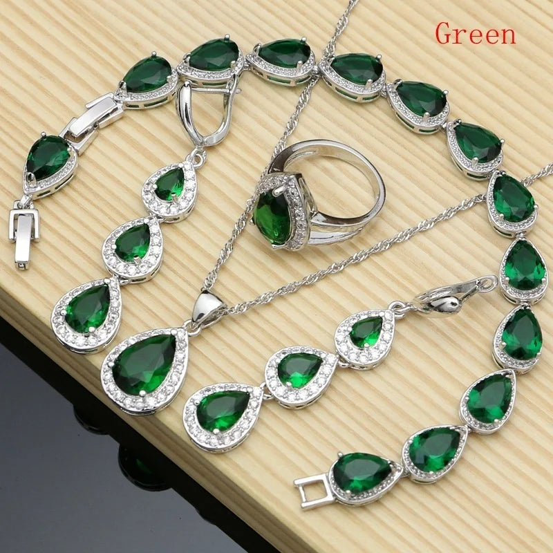 Water Drop Silver 925 Jewelry Red Ruby White Topaz Jewelry Sets Women Long Earrings/Pendant/Necklace/Rings/Bracelet Dropshipping - Gem Color: green, Ring Size: 7