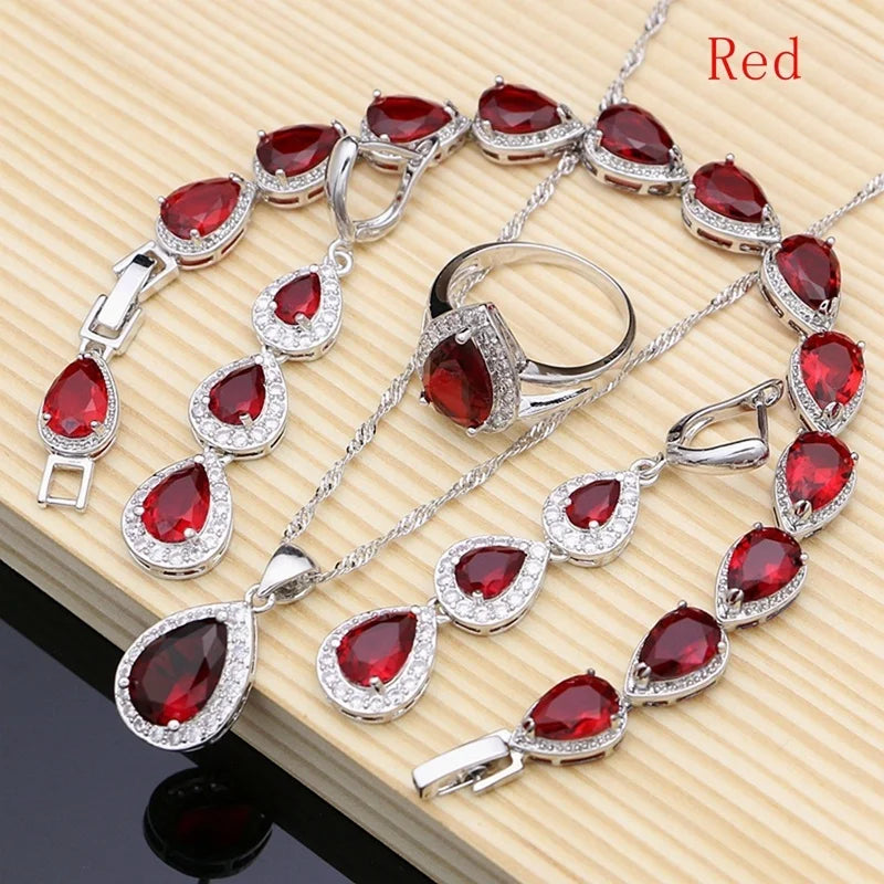 Water Drop Silver 925 Jewelry Red Ruby White Topaz Jewelry Sets Women Long Earrings/Pendant/Necklace/Rings/Bracelet Dropshipping - Gem Color: Red, Ring Size: 10