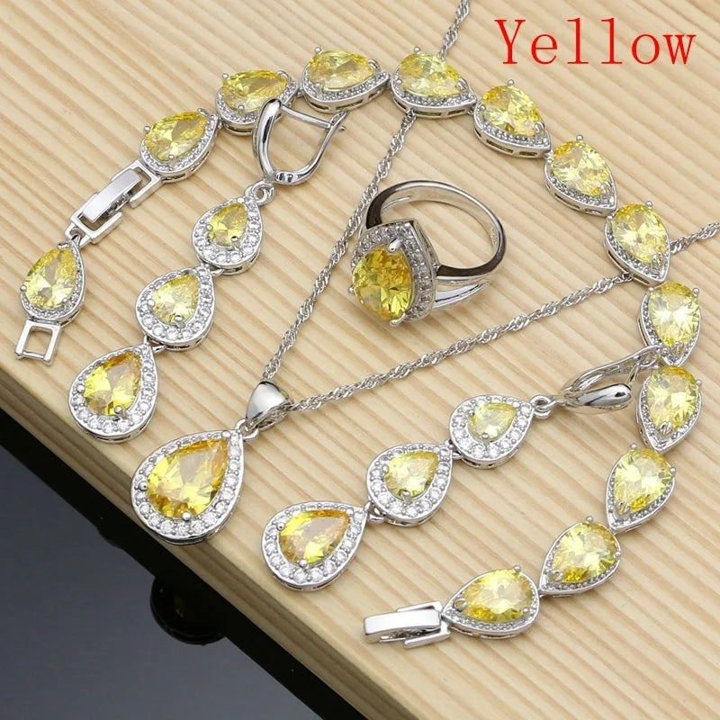 Water Drop Silver 925 Jewelry Red Ruby White Topaz Jewelry Sets Women Long Earrings/Pendant/Necklace/Rings/Bracelet Dropshipping - Gem Color: Yellow, Ring Size: 8