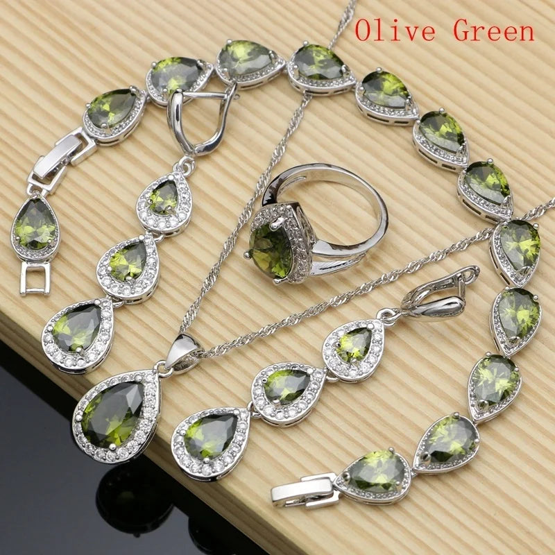 Water Drop Silver 925 Jewelry Red Ruby White Topaz Jewelry Sets Women Long Earrings/Pendant/Necklace/Rings/Bracelet Dropshipping - Gem Color: Olive Green, Ring Size: 5.5