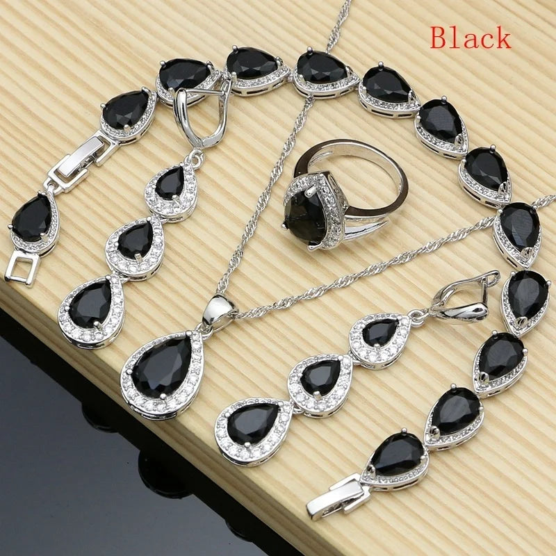 Water Drop Silver 925 Jewelry Red Ruby White Topaz Jewelry Sets Women Long Earrings/Pendant/Necklace/Rings/Bracelet Dropshipping - Gem Color: black, Ring Size: 10