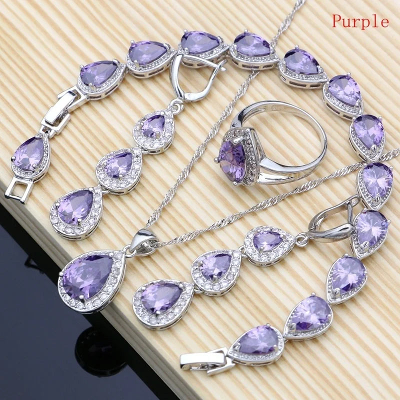 Water Drop Silver 925 Jewelry Red Ruby White Topaz Jewelry Sets Women Long Earrings/Pendant/Necklace/Rings/Bracelet Dropshipping - Gem Color: PURPLE, Ring Size: 10