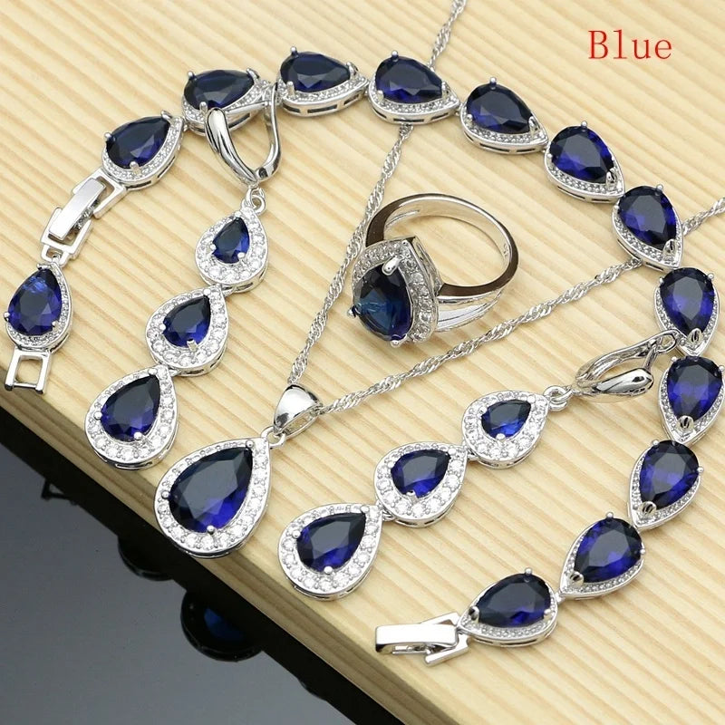 Water Drop Silver 925 Jewelry Red Ruby White Topaz Jewelry Sets Women Long Earrings/Pendant/Necklace/Rings/Bracelet Dropshipping - Gem Color: Blue, Ring Size: 5.5