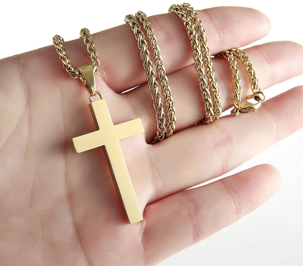 Gold Cross Necklaces for Men Boys Stainless Steel Cross Pendant Chain Catholic Religious Christian Birthday Valentines Day Jewelry Gifts Teen Him Boyfriend Son Dad Adults Male Kids Age Ideas